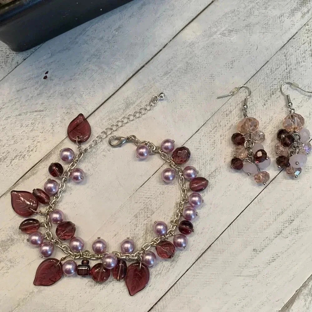 Pink Purple Bead Earrings  & Bracelet